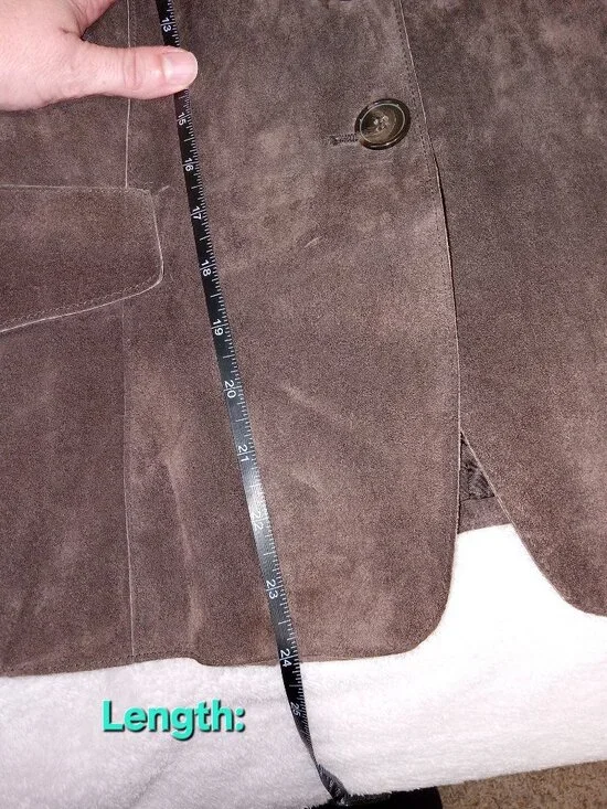 Vintage 90s Anne Klein Suede Leather Jacket Brown Mandarin Collar Button Front M - Picture 10 of 11